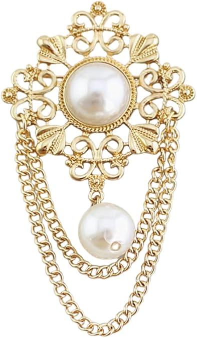 Vintage Pearl Brooch with Dual Chain Tassels – Elegant Baroque Style Pin for Women’s Coats, Dresses, and Shawls