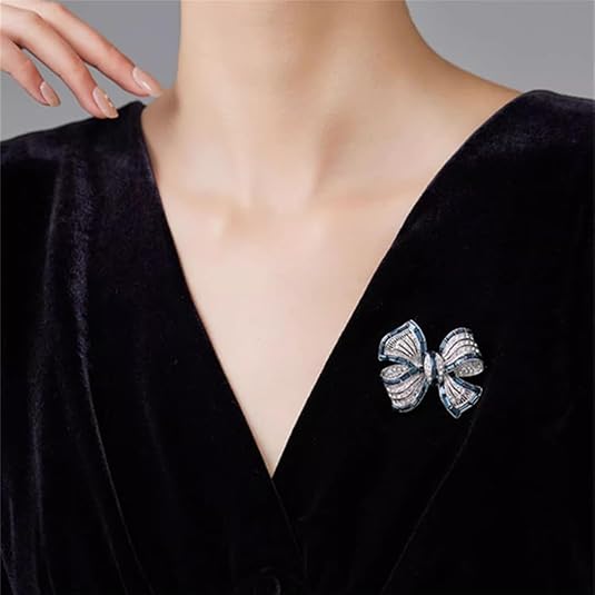 Elegant Bowknot Brooch for Women – Silver-Tone Rhinestone and Sapphire Crystal Pin