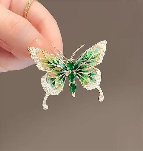 Elegant Green Butterfly Brooch – Enamel Crystal Rhinestone Pin for Women