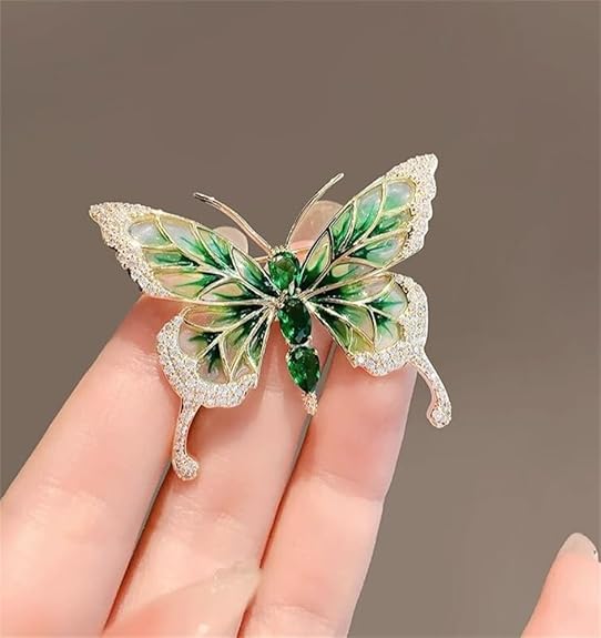 Elegant Green Butterfly Brooch – Enamel Crystal Rhinestone Pin for Women