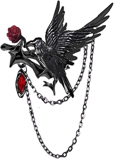 Gothic Black Crow & Red Rose Chain Brooch – Punk Rock Pin for Men and Women
