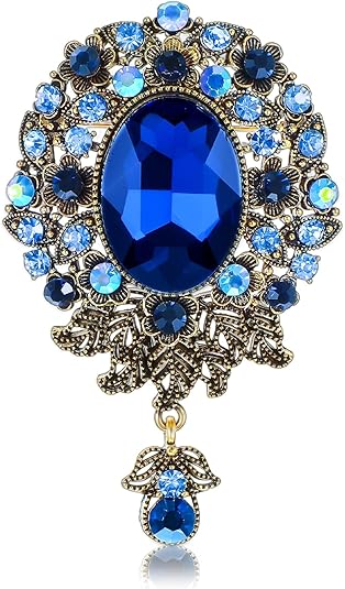 Vintage Sapphire Brooch – Royal Blue Crystal Pin with Dangling Pendant for Women