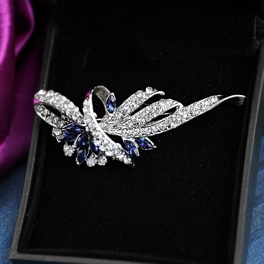 Elegant Leaf Design Brooch for Women – Silver-Tone Crystal Rhinestone Pin with Sapphire Accents