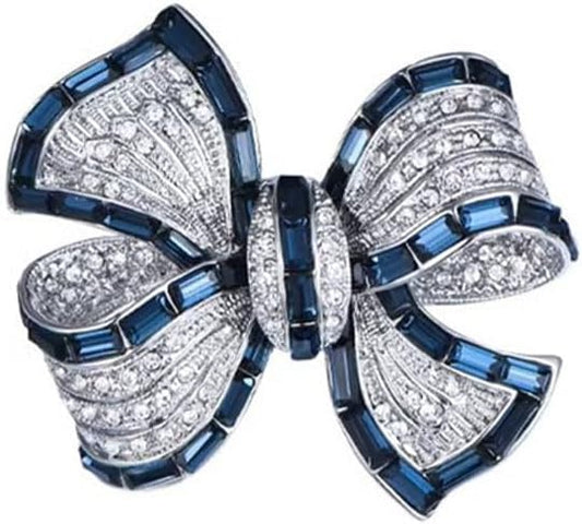 Elegant Bowknot Brooch for Women – Silver-Tone Rhinestone and Sapphire Crystal Pin