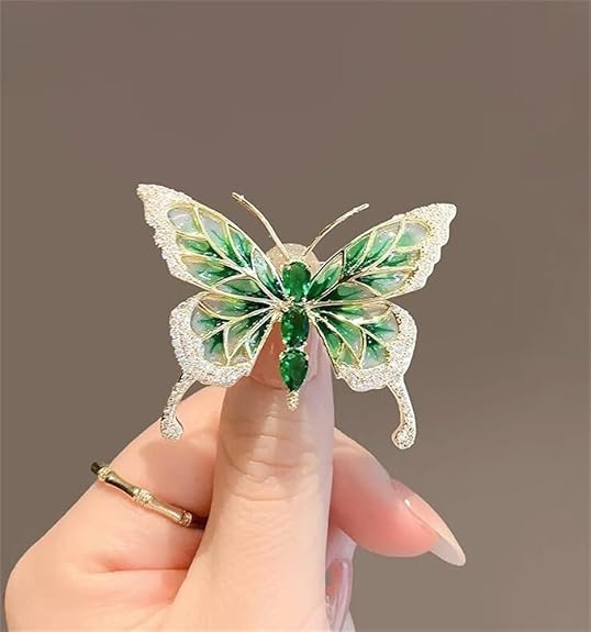 Elegant Green Butterfly Brooch – Enamel Crystal Rhinestone Pin for Women