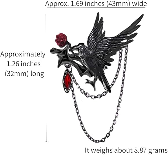 Gothic Black Crow & Red Rose Chain Brooch – Punk Rock Pin for Men and Women