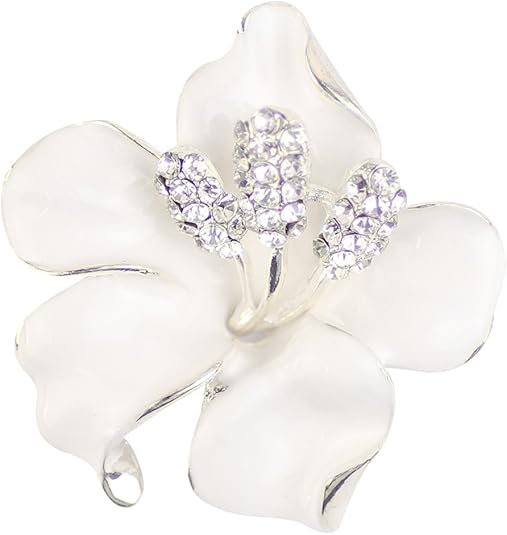 Elegant White Lily Flower Brooch – Enamel Petal Crystal Accent Pin for Women