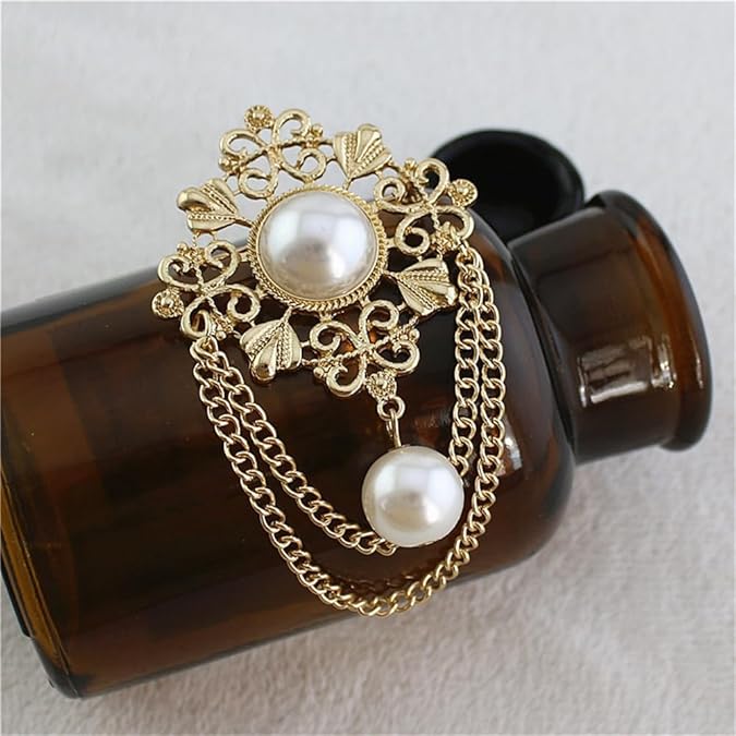 Vintage Pearl Brooch with Dual Chain Tassels – Elegant Baroque Style Pin for Women’s Coats, Dresses, and Shawls