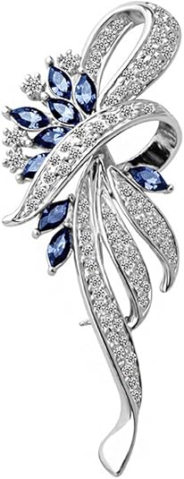 Elegant Leaf Design Brooch for Women – Silver-Tone Crystal Rhinestone Pin with Sapphire Accents