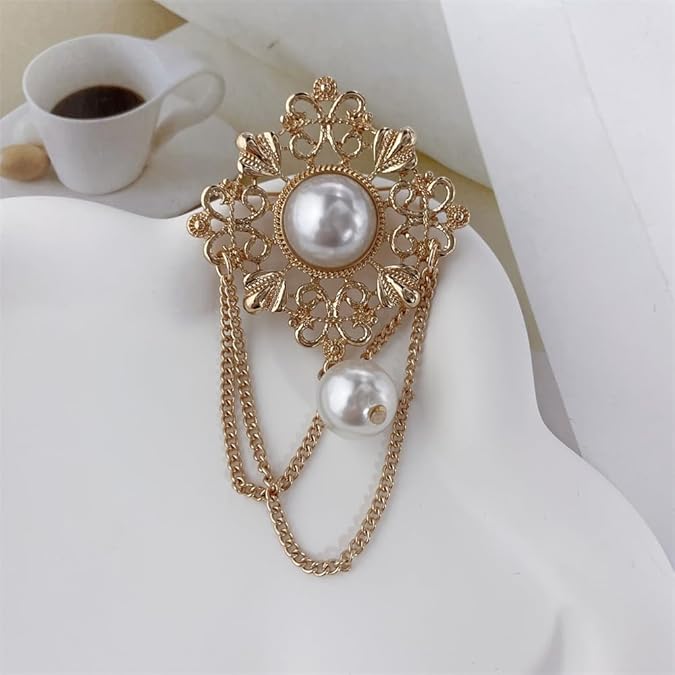 Vintage Pearl Brooch with Dual Chain Tassels – Elegant Baroque Style Pin for Women’s Coats, Dresses, and Shawls