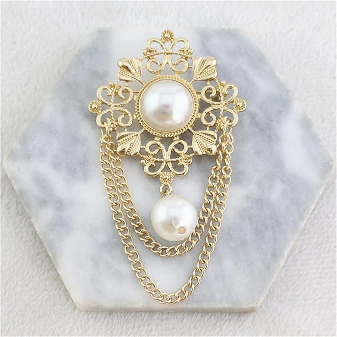 Vintage Pearl Brooch with Dual Chain Tassels – Elegant Baroque Style Pin for Women’s Coats, Dresses, and Shawls