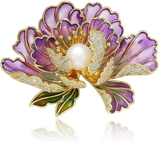 Elegant Purple Flower Brooch with Faux Pearl – Vintage Enamel Floral Pin for Women