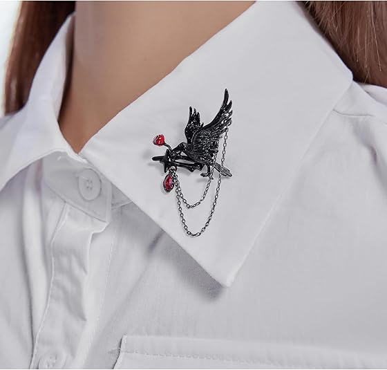 Gothic Black Crow & Red Rose Chain Brooch – Punk Rock Pin for Men and Women