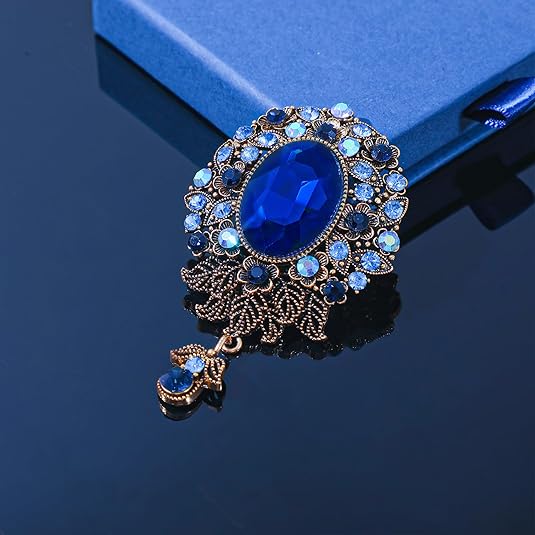 Vintage Sapphire Brooch – Royal Blue Crystal Pin with Dangling Pendant for Women