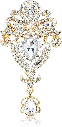 Vintage Gold Crystal Brooch – Baroque Style Rhinestone Drop Pin for Elegant Dress & Scarf Decoration