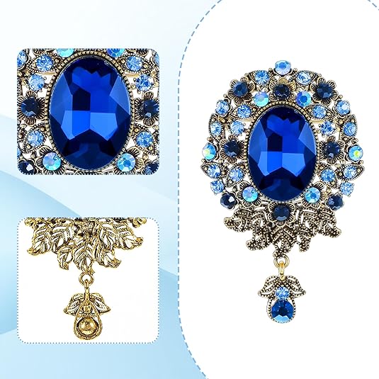 Vintage Sapphire Brooch – Royal Blue Crystal Pin with Dangling Pendant for Women